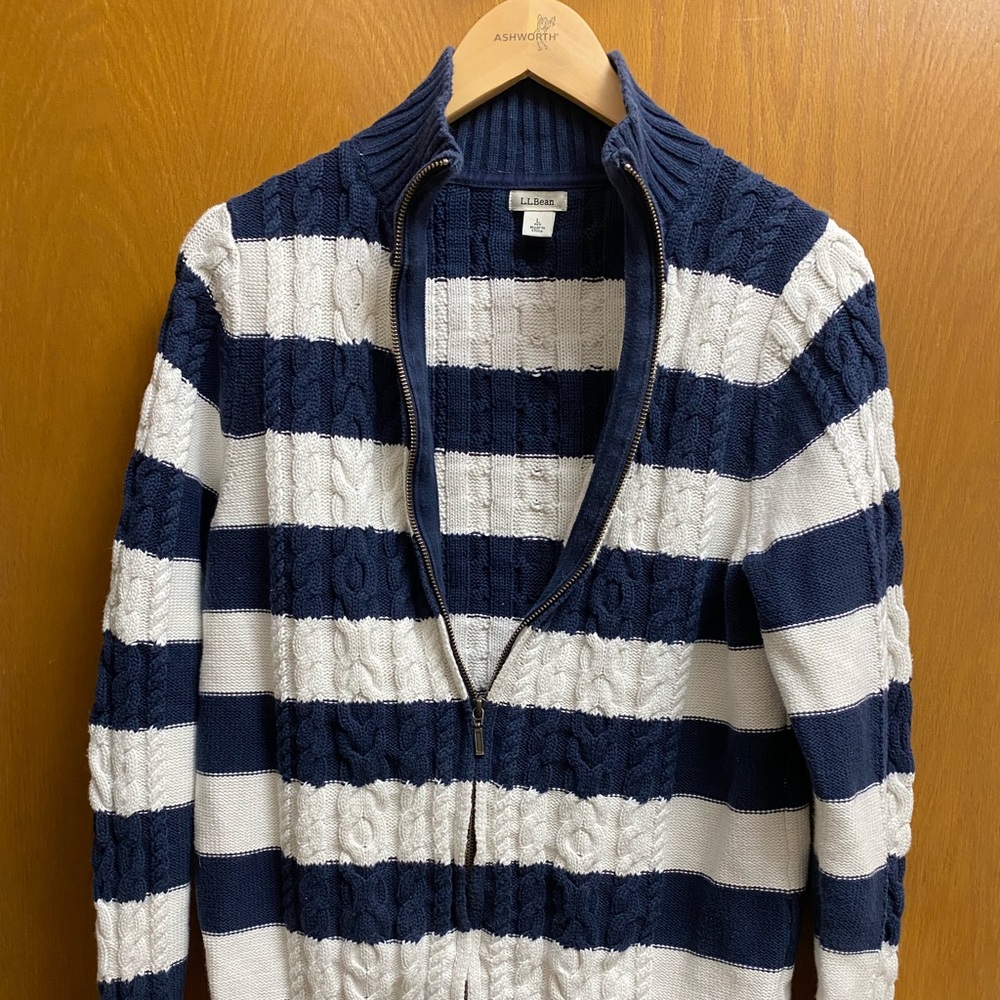 LL Bean navy & white stripe cardigan